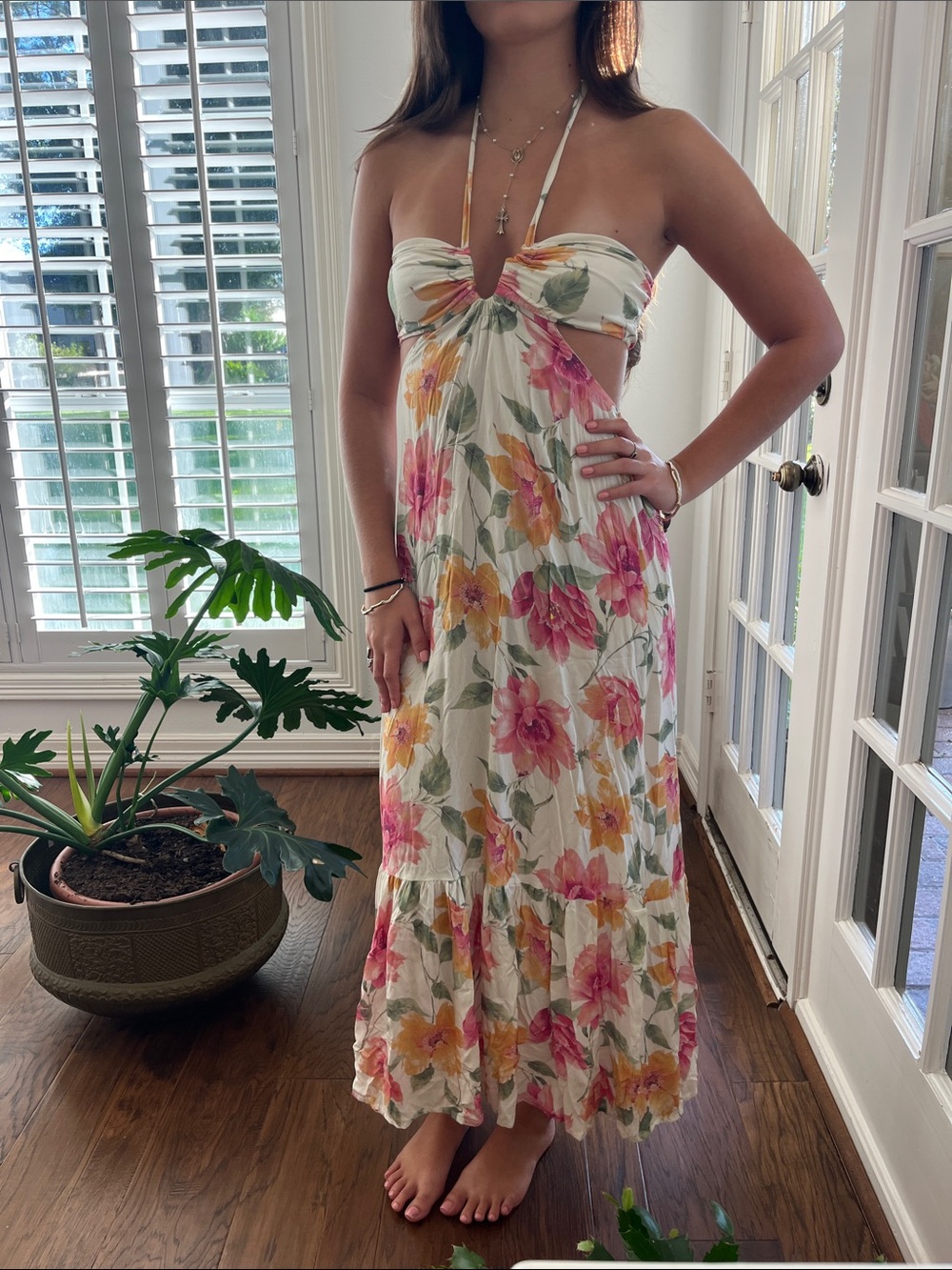 Madden Girl Floral Halter Maxi Dress in White with Pink & Yellow Blooms